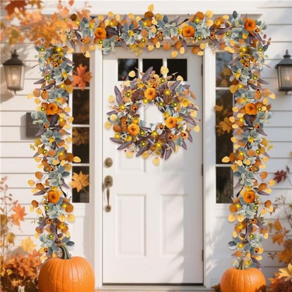 Fall Garland with Lights, 6FT Fall Leaves Garlands, Artificial Eucalyptus - Picture 2 of 7